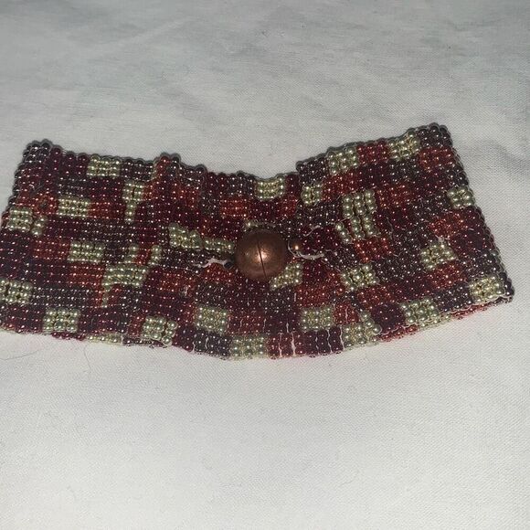 Vintage Handmade Seed Bead Copper Tone Patchwork Bracelet - Picture 11 of 13